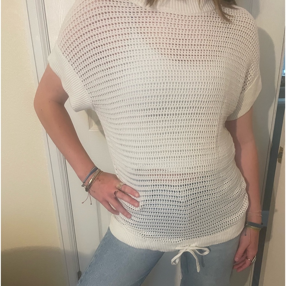 Varley White Open-Knit Short Sleeve Sweater Top